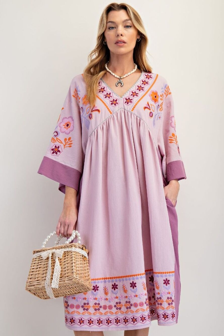 Easel Embroidered Maxi Woven Dress in Mauve Dust - Medium